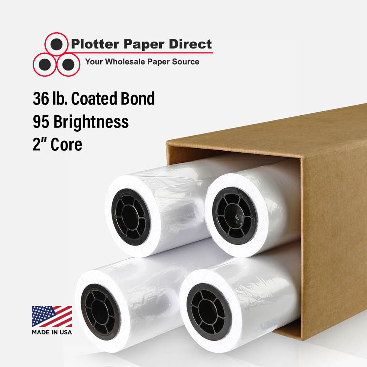 50'' x 100' Roll - 36# Coated Bond - 2'' Core (Pack of 4)